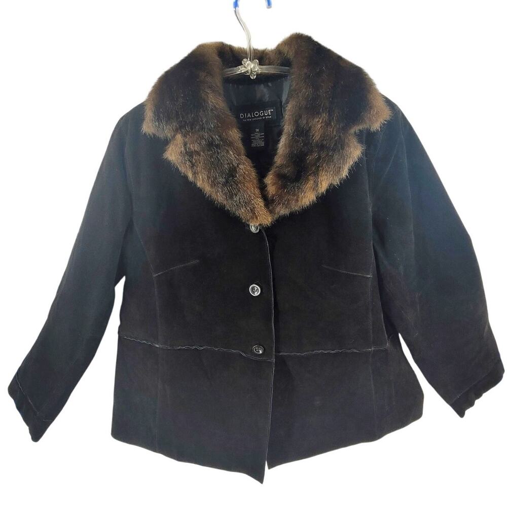 Dialogue Black Leather Jacket Faux Fur Collar‎ Exposed Seam Statement